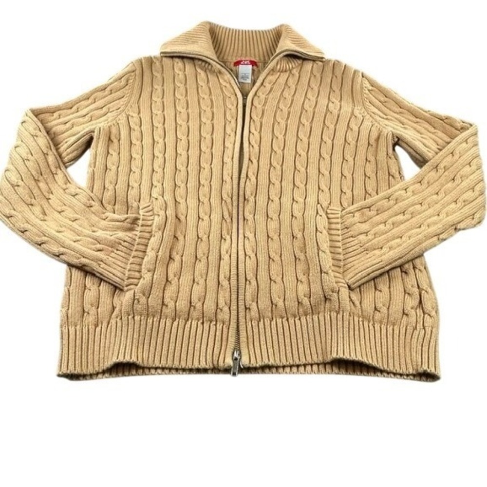 AK Anne Klein Sport Women's Tan Cable Knit Full Zip Cardigan Cotton Sweater XL